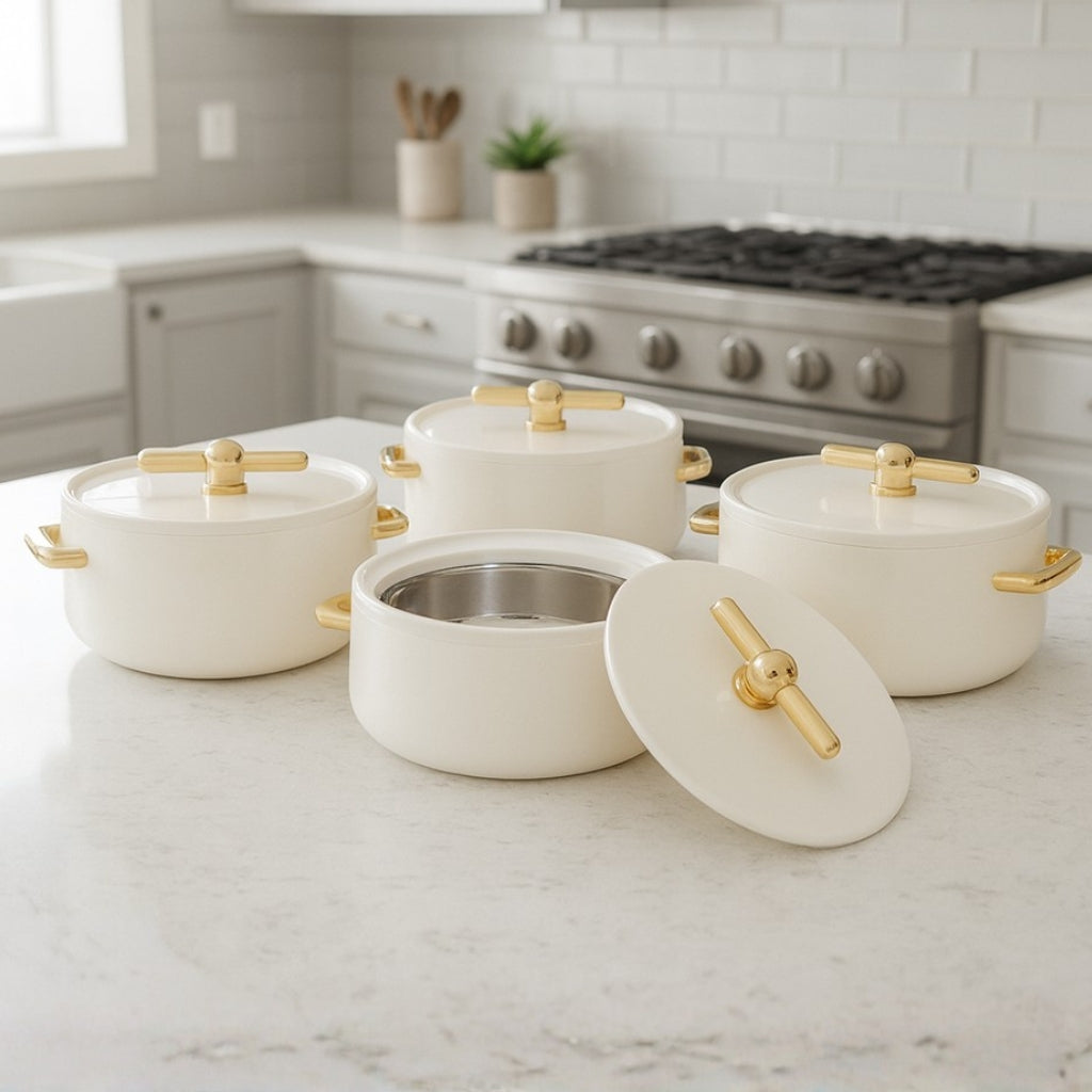 4-Piece Premium White & Gold Hot Pot Set- serveware