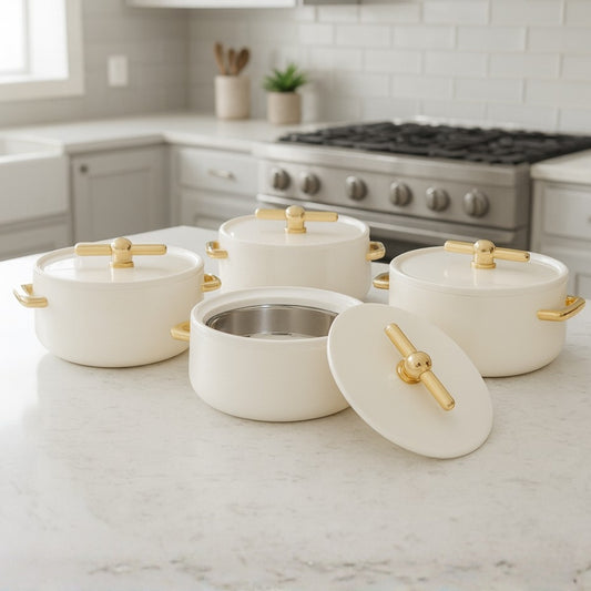 4-Piece Premium White & Gold Hot Pot Set- serveware