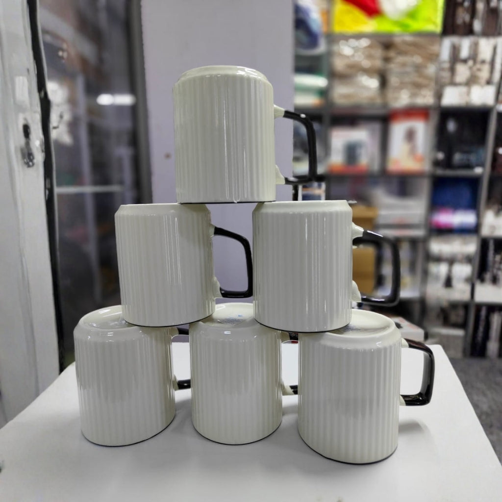 6-Piece Japanese Concise Ceramic Mug Set – White with Black Accent