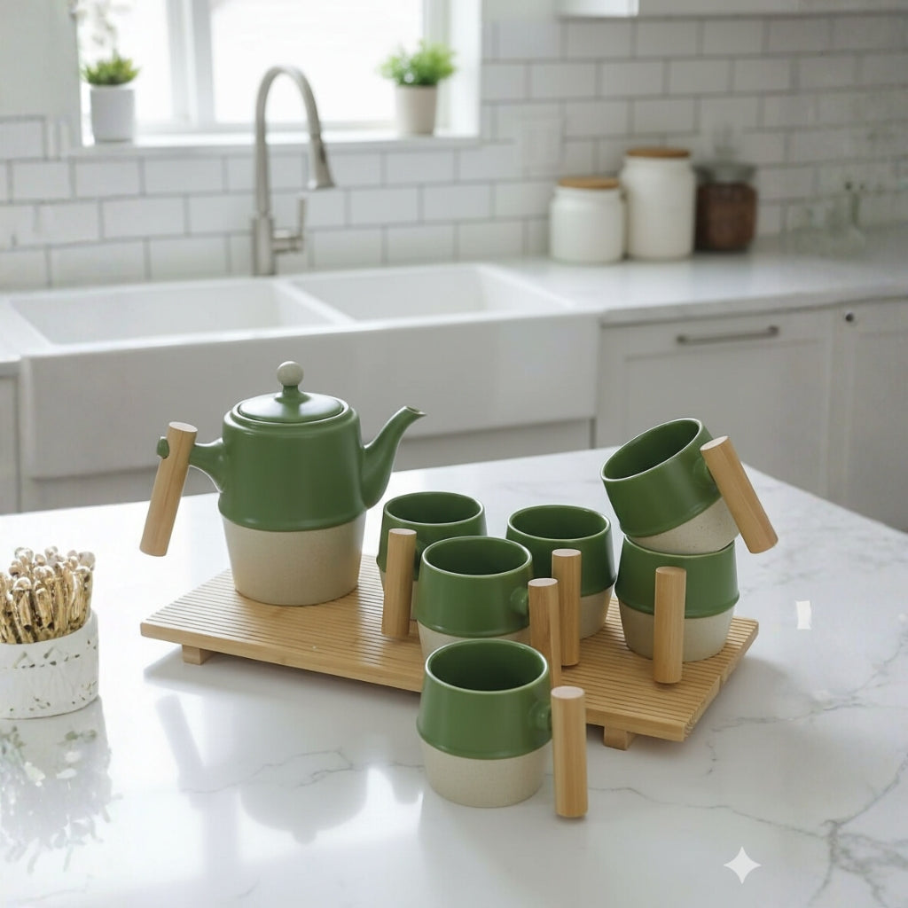 Modern Ceramic Tea Set with Bamboo Handles– 1.3L Kettle & 6×320ml Cups + serving tray