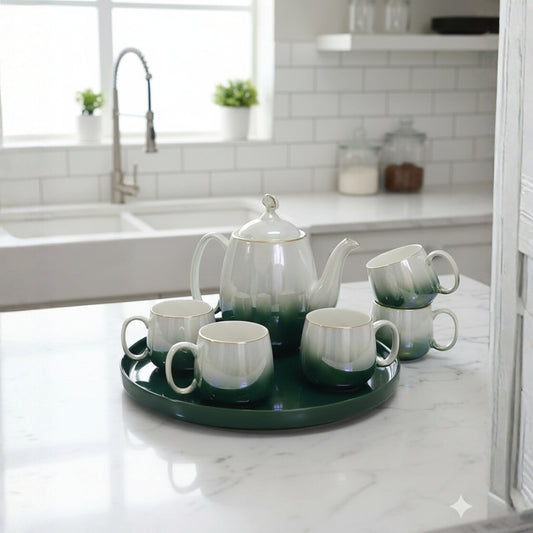 8pcs Ceramic Tea Set with Tray – Green & White Gradient Design