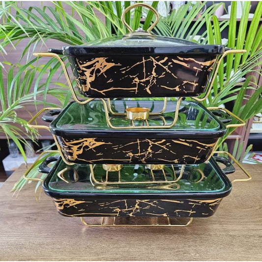3-Piece Black & Gold Marble Ceramic Chafing Dish Set with Glass Lids serveware