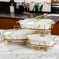 3-Piece White & Gold Marble Ceramic Chafing Dish Set with Glass Lids and Warmer Stand serveware