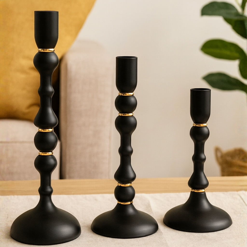 Luxurious 3-in-1 Metallic Candle Holder Set (Matte Black & Gold)