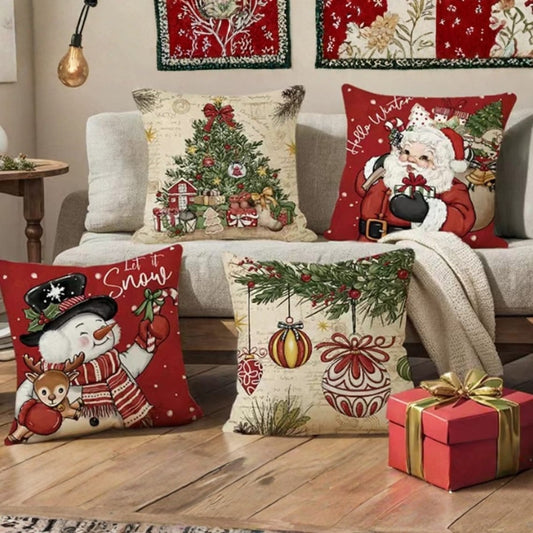 Christmas Themed Linen Throw Pillow Covers (45×45cm)