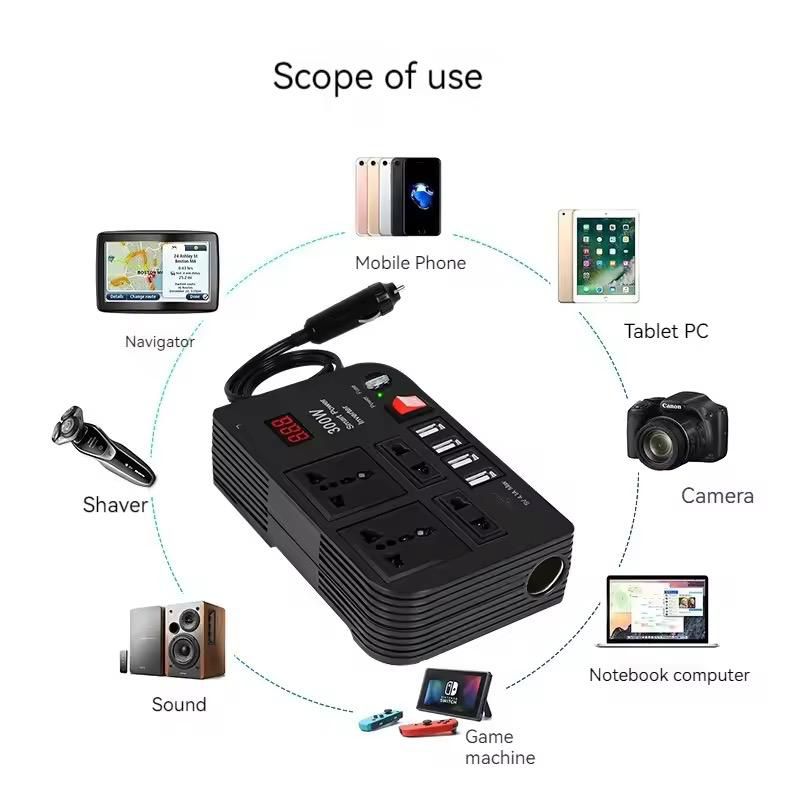 300W Car Power Inverter – Portable 12V to 220V Converter with 4 USB Ports
