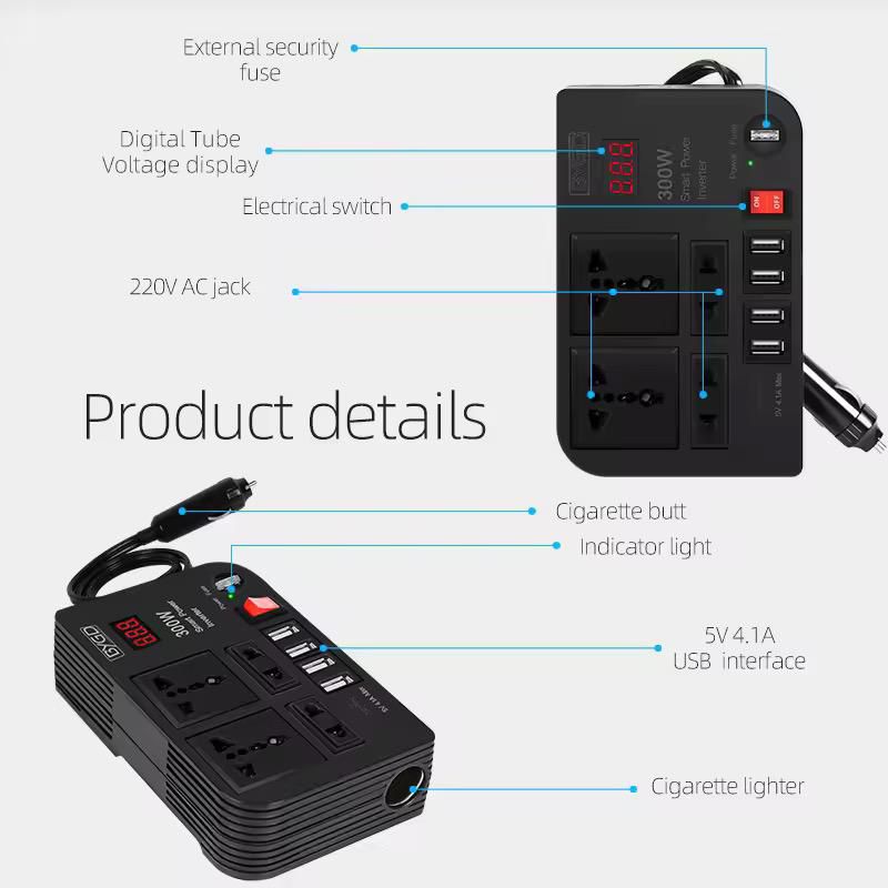 300W Car Power Inverter – Portable 12V to 220V Converter with 4 USB Ports