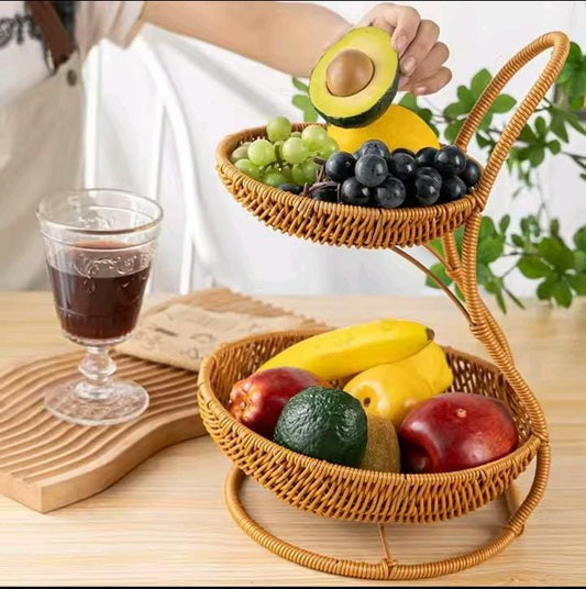 3-Tier Handmade Rattan Fruit Rack – Brown