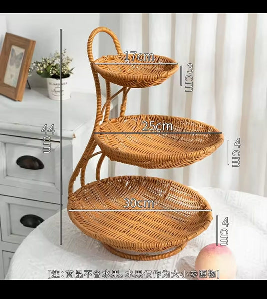 3-Tier Handmade Rattan Fruit Rack – Brown