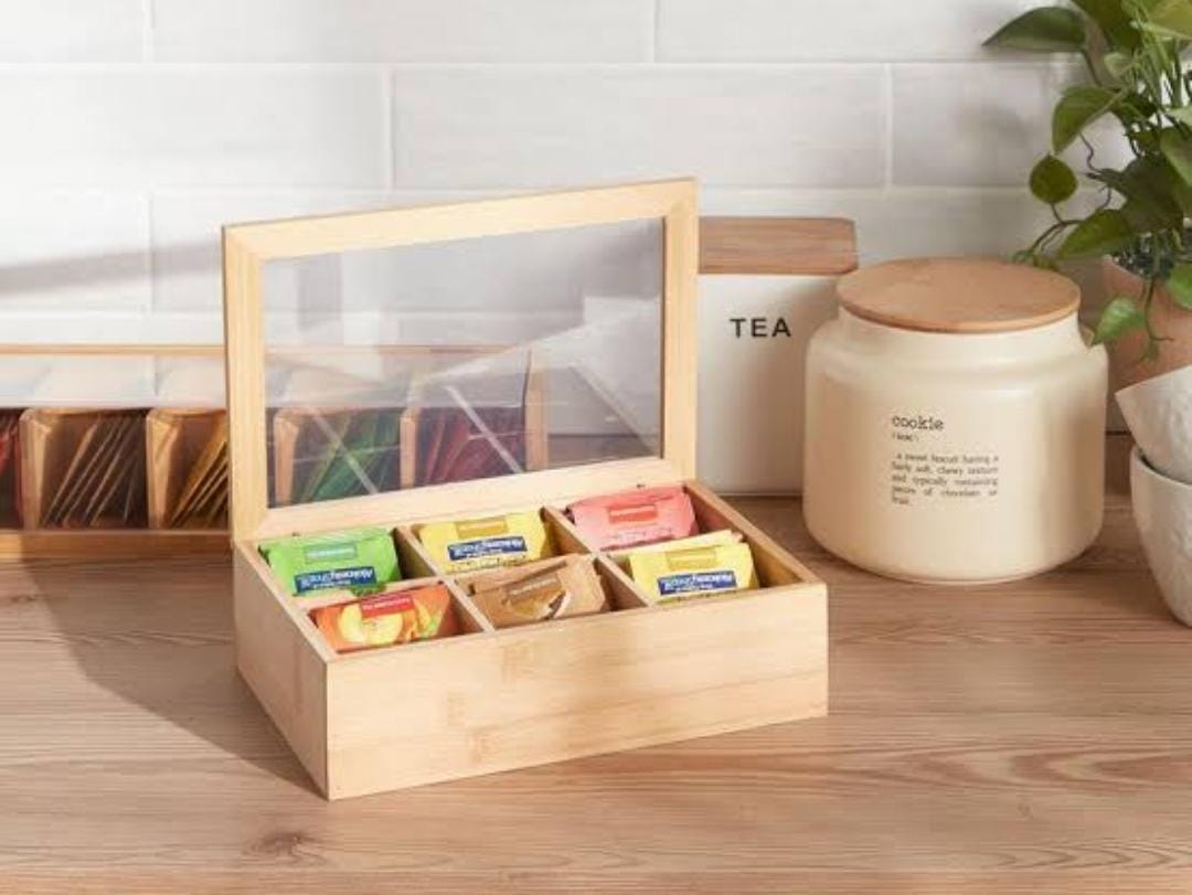 6-Slot Bamboo Wooden Teabag Organizer
