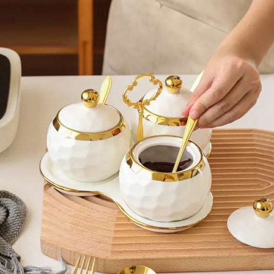 3-in-1 Ceramic Sugar Canister Set with Golden Handle