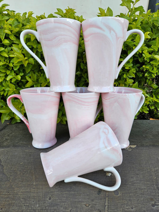 6-Piece Tall Pink Marble Ceramic Mug Set