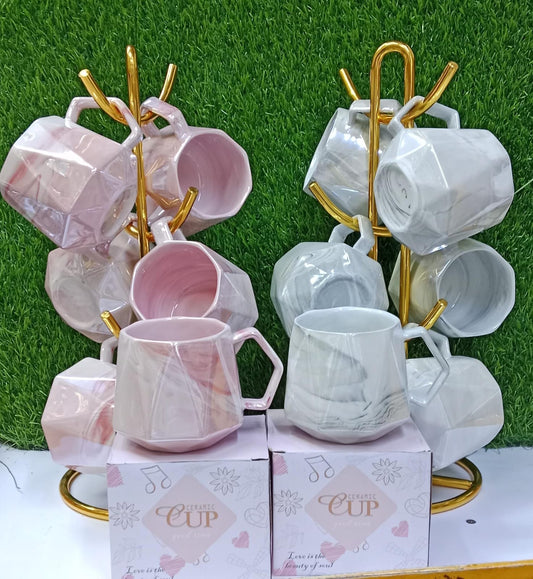 Faceted Marble Ceramic Mug Set (6pcs)