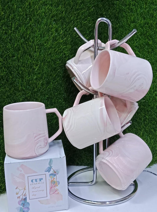Blush Marble Ceramic Mug Set (6pcs)