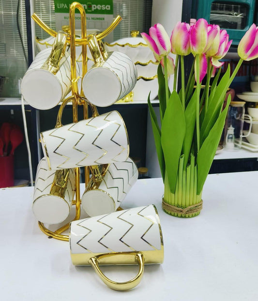 Gold Zigzag Ceramic Mug Set (6pcs)