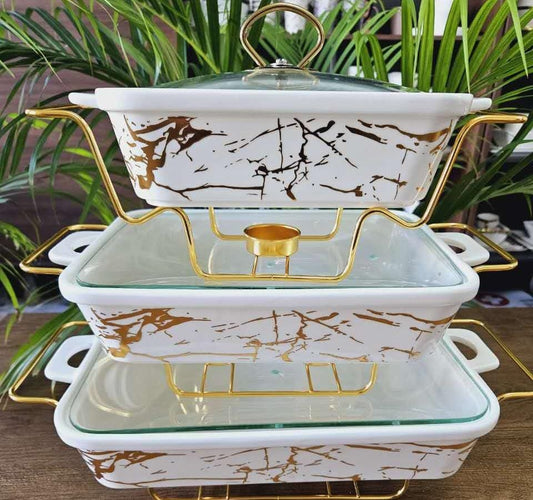 3-Piece White & Gold Marble Ceramic Chafing Dish Set with Glass Lids serveware