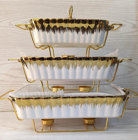 3-Tier Luxury Ceramic Chafing Dish Set with Gold Stand serveware