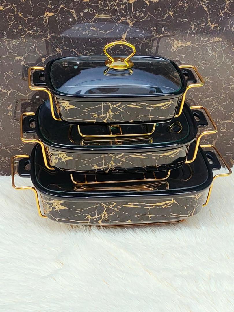 3-Piece Black & Gold Marble Ceramic Baking Dish Set serveware