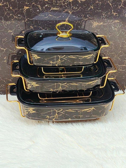3-Piece Black & Gold Marble Ceramic Baking Dish Set serveware