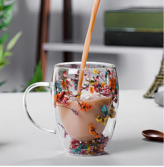 Decorated Floral Double-Wall Glass Cup – 3pc