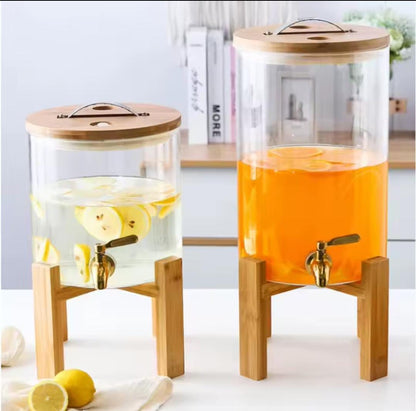 Glass Juice & Beverage Dispenser with Bamboo Stand
