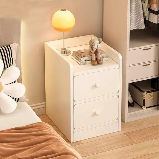 Minimalist Wooden Bedside Table – Warm White (2 Drawers)