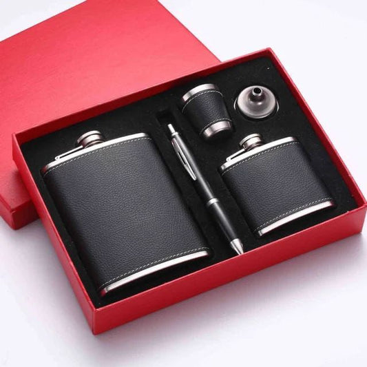 Luxury Black Leather Whiskey Flask Gift Set (5-Piece Box)