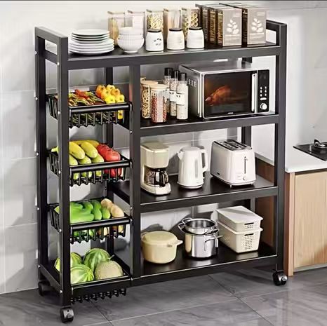 Multifunctional Heavy-Duty Metallic Kitchen Storage Rack with Wheels