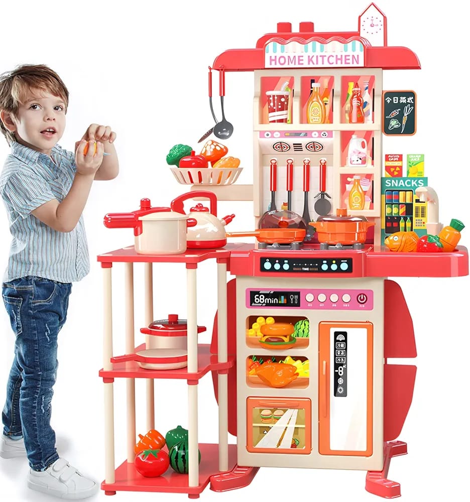 73-Piece Deluxe Kids Kitchen Play Set with Lights, Sounds & Spray Function – Red Edition