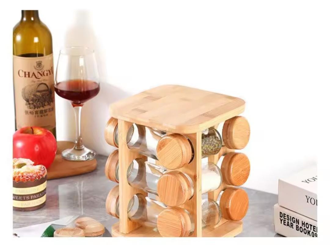 12-in-1 Wooden Spice Rack + Glass Spice Jars