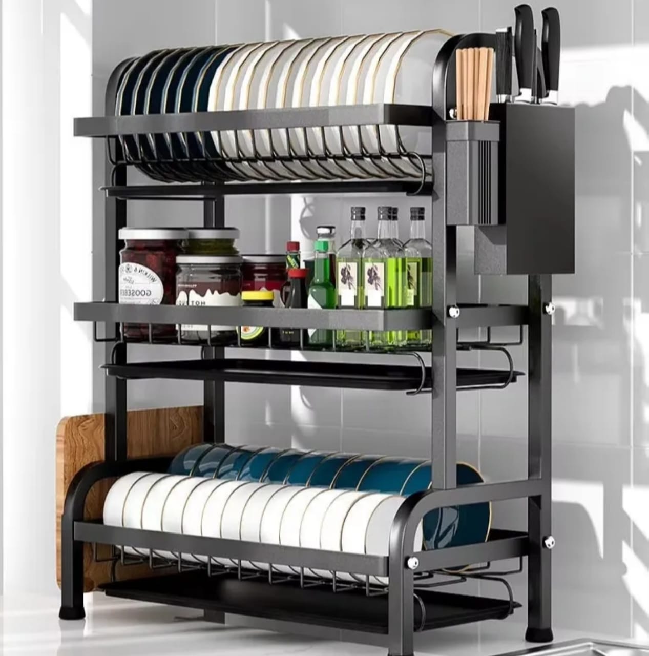 3-Tier Large Capacity Dish Rack with Utensil Holder, Cutting Board Holder, Drain Board Tray for Kitchen Counter Storage