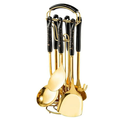 7-Piece Serving Gold Spoon Set with Marble Black Handles