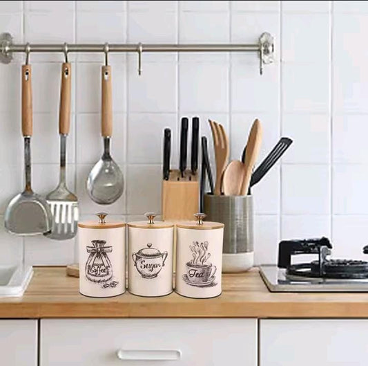 3-in-1 Tea, Coffee & Sugar Alloy Canister Set – Cream White