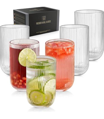 6-Piece Ribbed Glass Set.Elegant Textured Drinking Glasses for Water, Juice & Cocktails