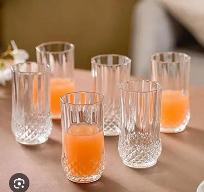 6-Piece Long Diamond Glass Set.Elegant Textured Crystal-Style Tall Drinking Glasses