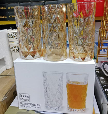 6 Piece Gold Glass  Set 330ml Diamond-Cut Crystal-Style Drinking Glasses