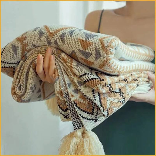 Nordic Bohemian knitted throw blankets with tassels