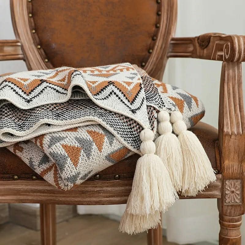 Nordic Bohemian knitted throw blankets with tassels
