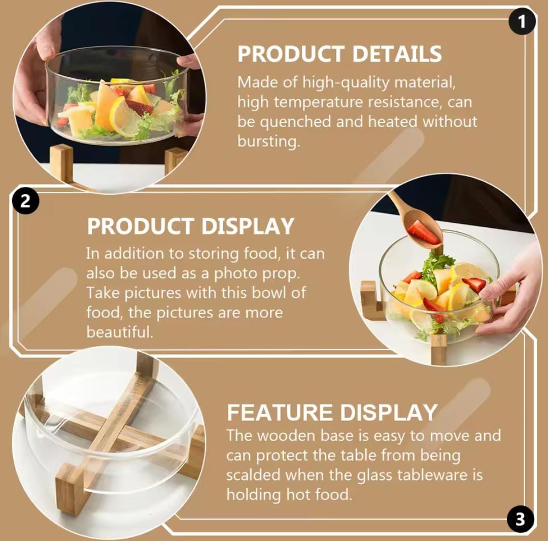 Borosilicate Glass Salad Bowl with Wooden Base