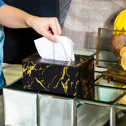 Black & Gold Marble Tissue Box Cover – Modern Bathroom Tissue Holder with Secure Lock