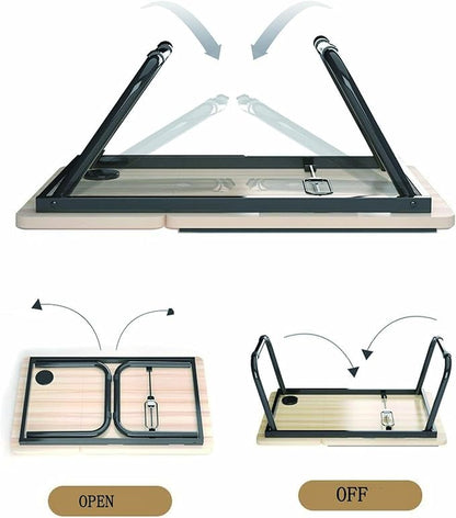 Adjustable Folding Laptop Desk with Tilting Top – Portable Bed Table Stand with Cup Holder & Foldable Legs