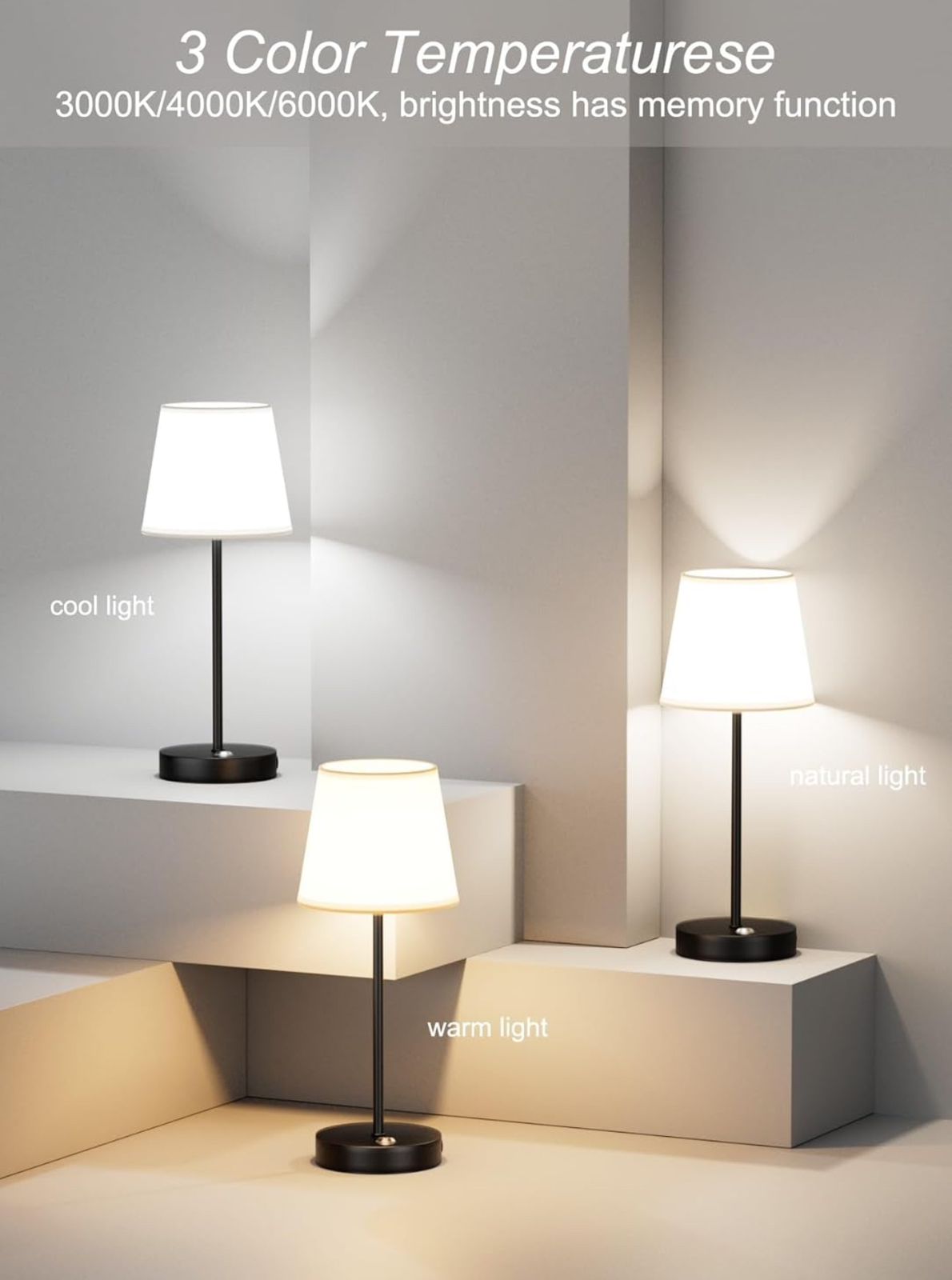Cordless LED Table Lamp – Rechargeable, Touch Dimmable Light with Fabric Shade