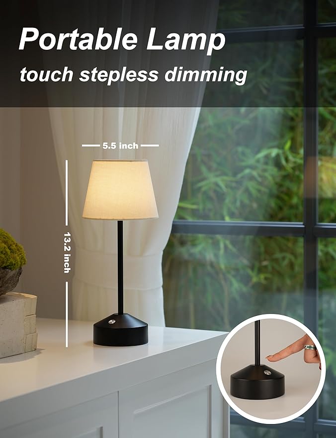 Cordless LED Table Lamp – Rechargeable, Touch Dimmable Light with Fabric Shade