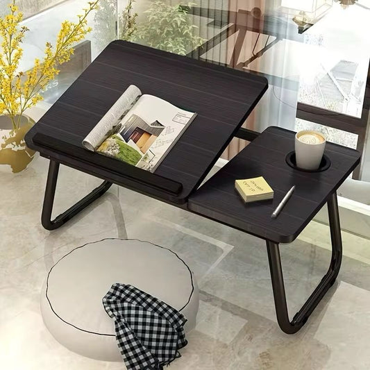 Adjustable Folding Laptop Desk with Tilting Top – Portable Bed Table Stand with Cup Holder & Foldable Legs