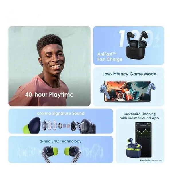 Oraimo FreePods Lite OTW-330 – Wireless Earbuds with 40-Hour Playtime & Deep Bass