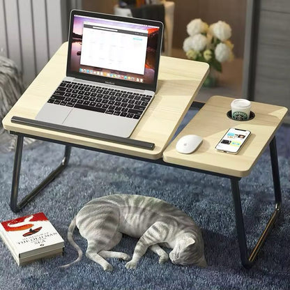 Adjustable Folding Laptop Desk with Tilting Top – Portable Bed Table Stand with Cup Holder & Foldable Legs