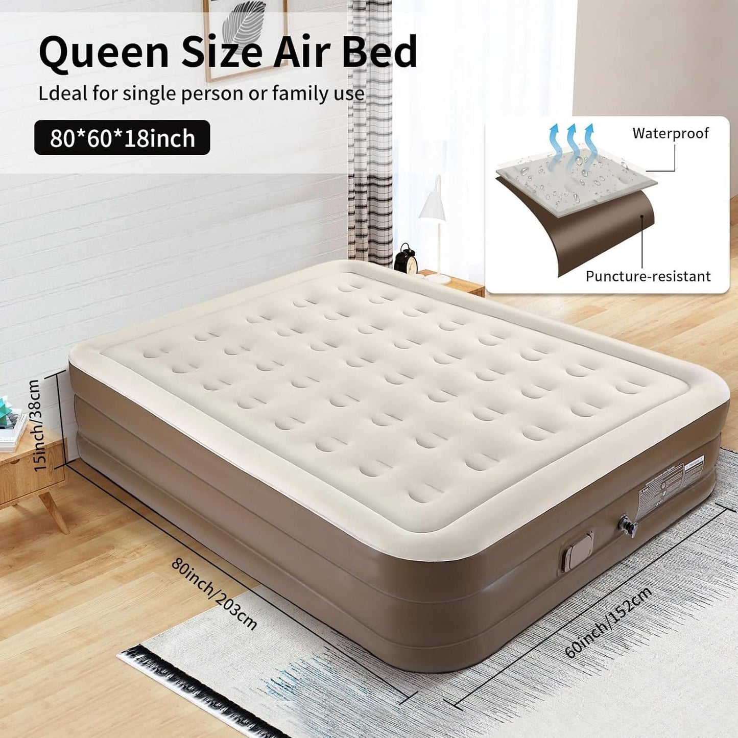 Inflatable Queen Size Airbed Mattress with Built-In Pump – Self-Inflating & Deflating