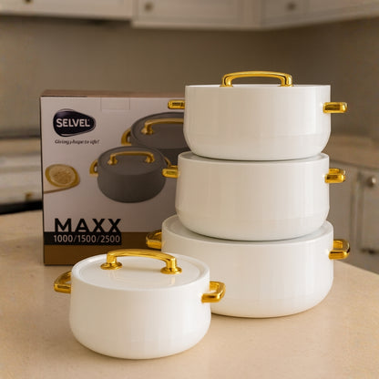 Selvel MAXX 4-Piece Premium Hot Pot Set – White with Gold Handles serveware
