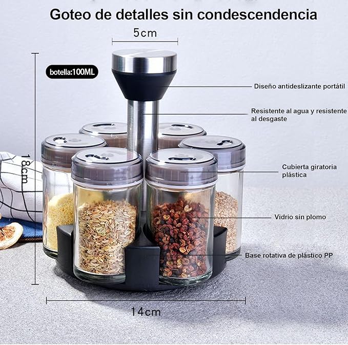 Rotating Spice Rack Organizer – 360° Turntable with 6 Glass Jars & Stainless Steel Lids