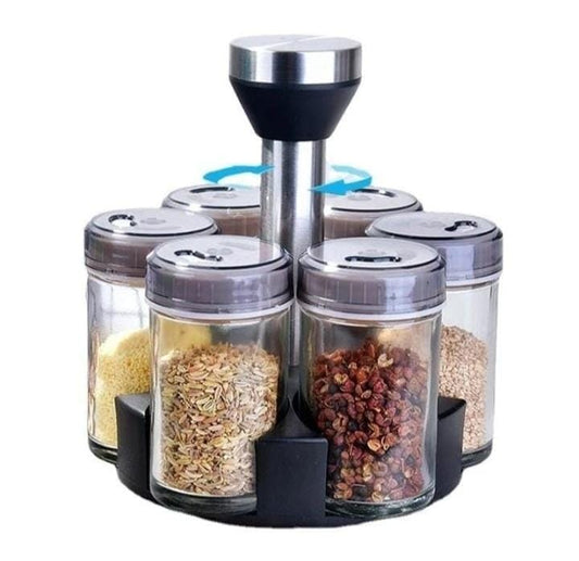 Rotating Spice Rack Organizer – 360° Turntable with 6 Glass Jars & Stainless Steel Lids